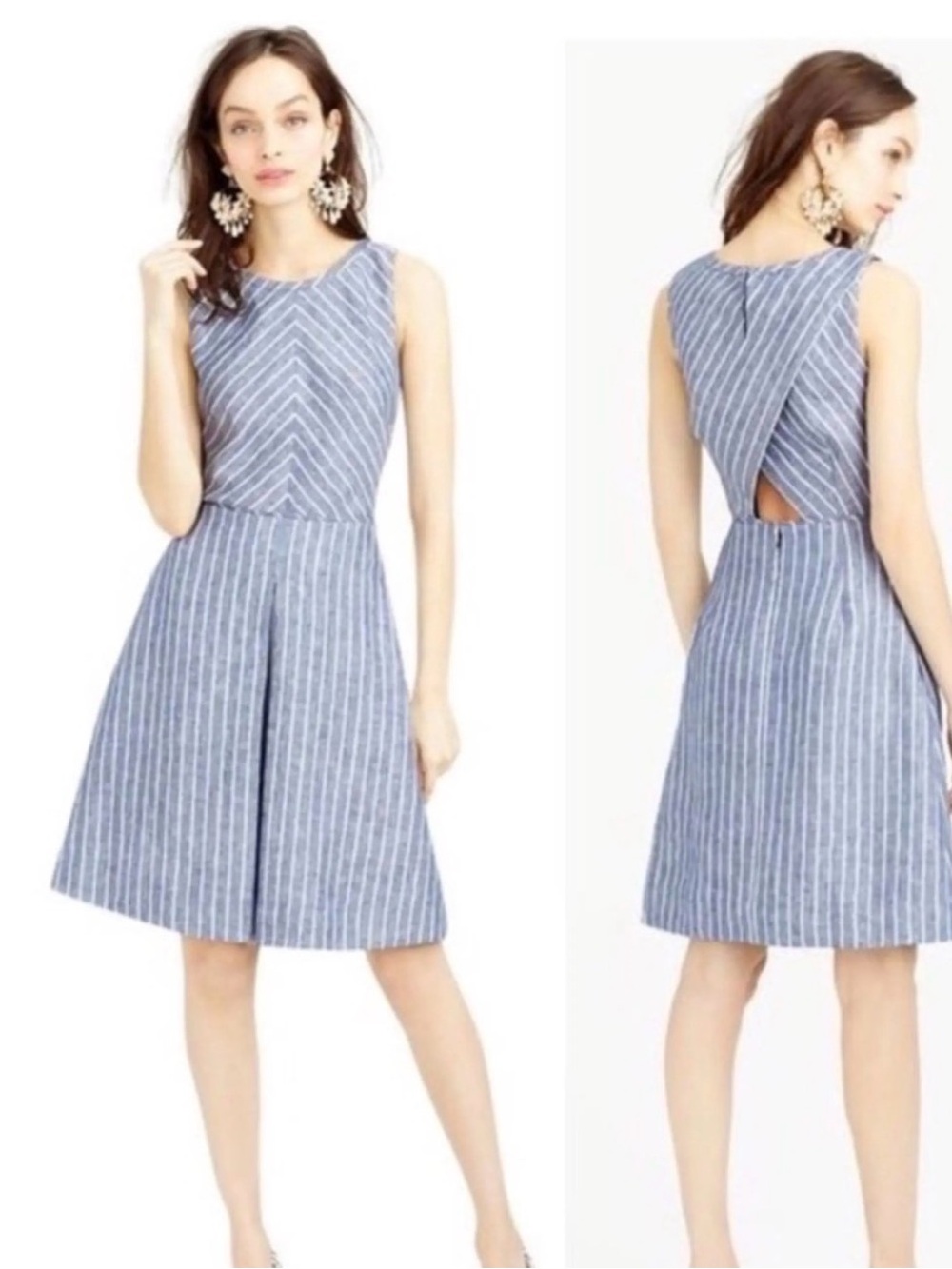 J Crew 100% Linen Chambray Chevron Pleated Dress A Line Fit And Flare SZ 4